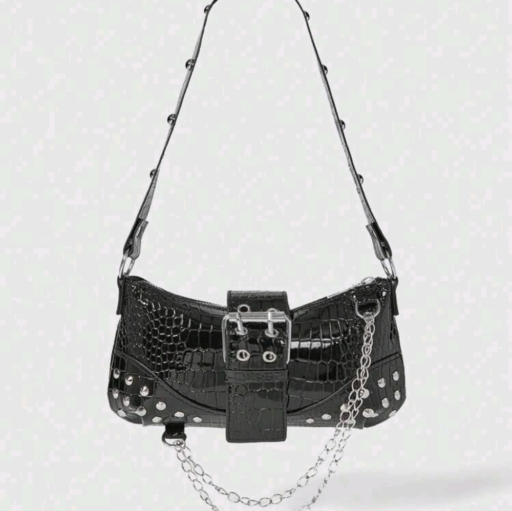 Romwe Stylish Black Croc-Embossed Riveted Shoulder Bag NEW Medium Sz